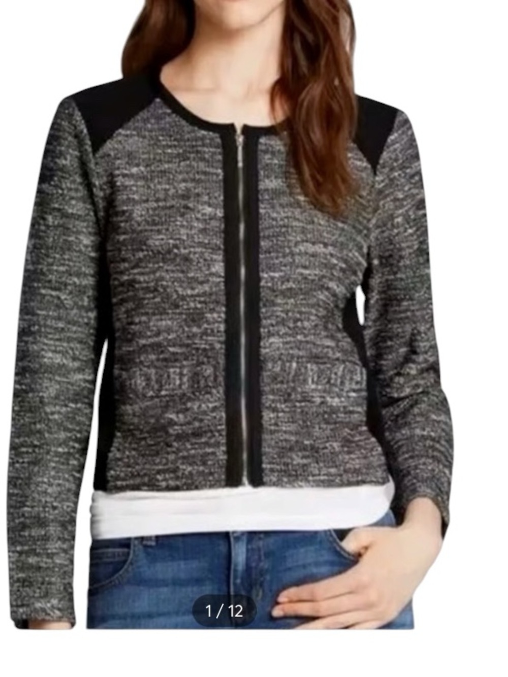 Eileen Fisher Tweed Look Zip-Front Pockets Moto Panels Jacket Black White PET LG